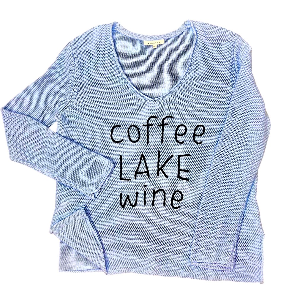 Miracle Light Blue V-Neck Sweater with 'coffee LAKE wine' Print
